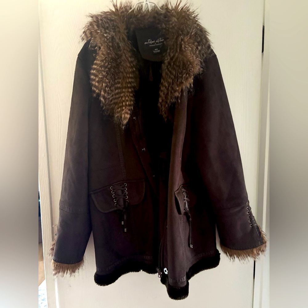 Outdoor Edition By Parkhurst Brown Faux Suede Faux Fur Trim & Lining Boho Coat M